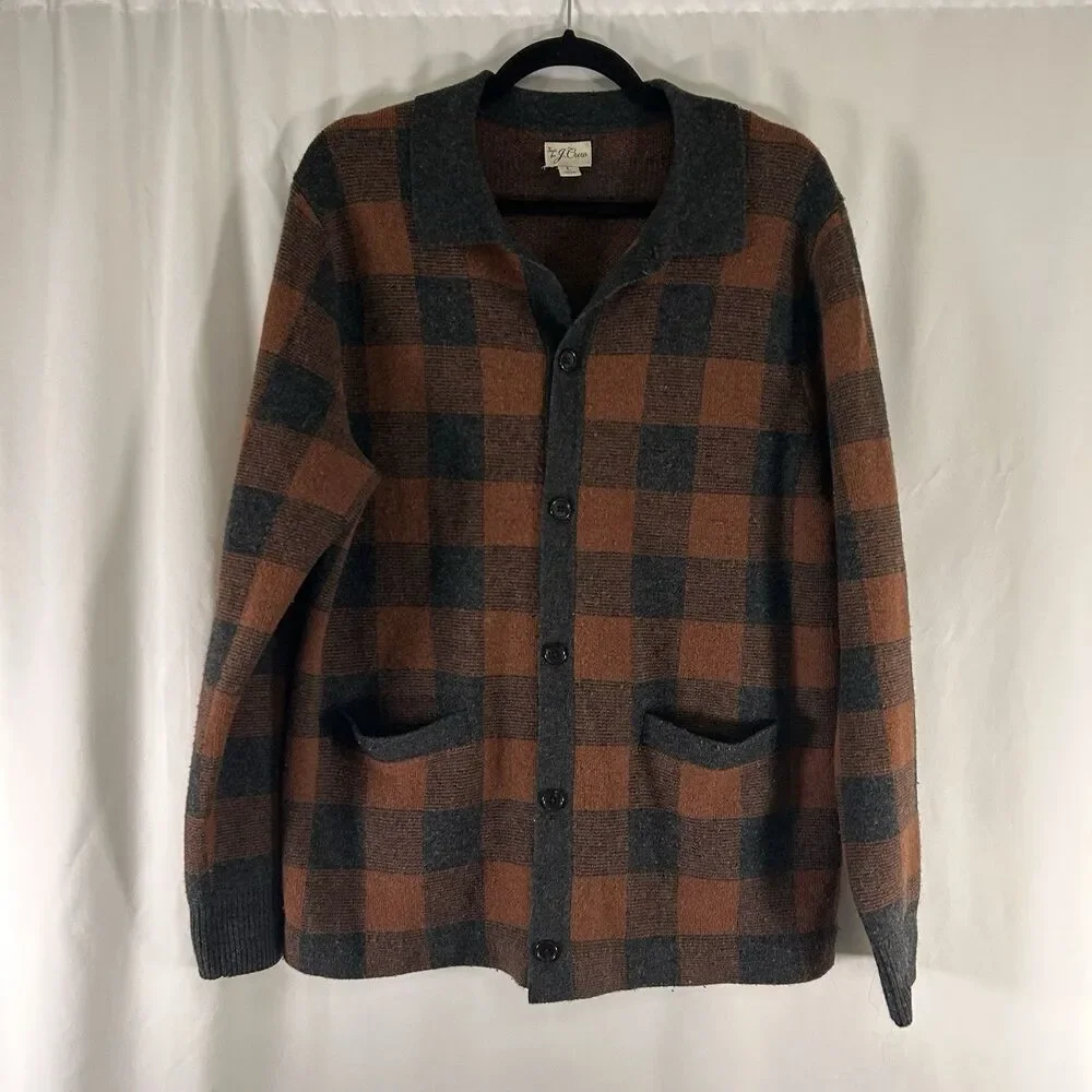J. Crew Merino Wool Blend Cardigan Men's Large Brown Plaid Button Up Pockets